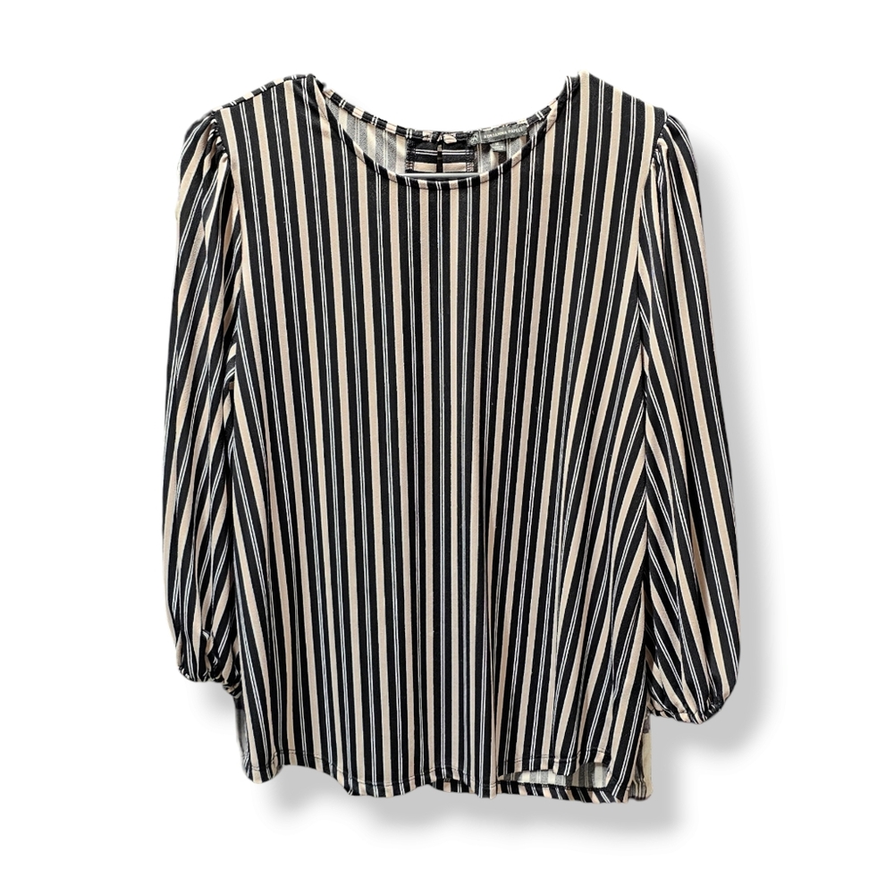 4/$20 Adrianna Papell 3/4 Sleeve Black and Light Pink Striped Blouse size Medium